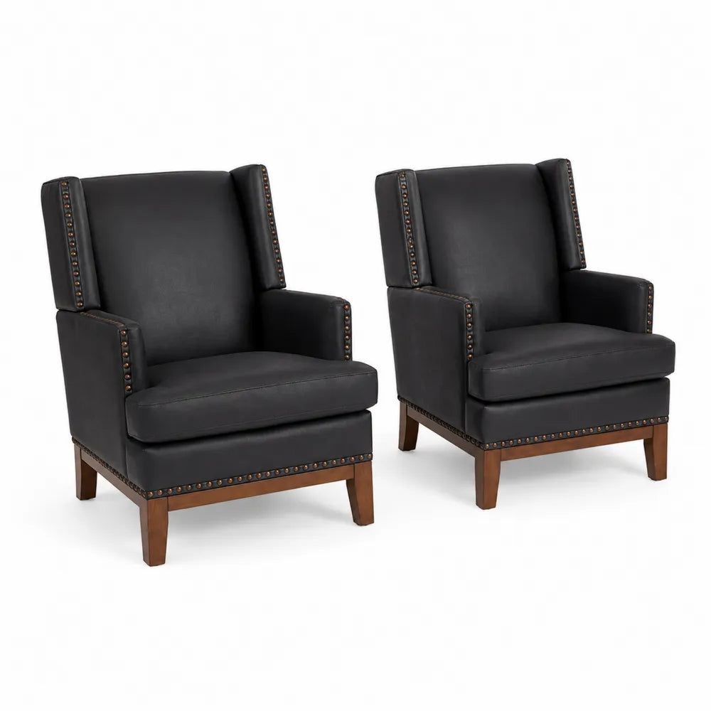 2er-Set Ohrensessel Schwarz Kunstleder Holz