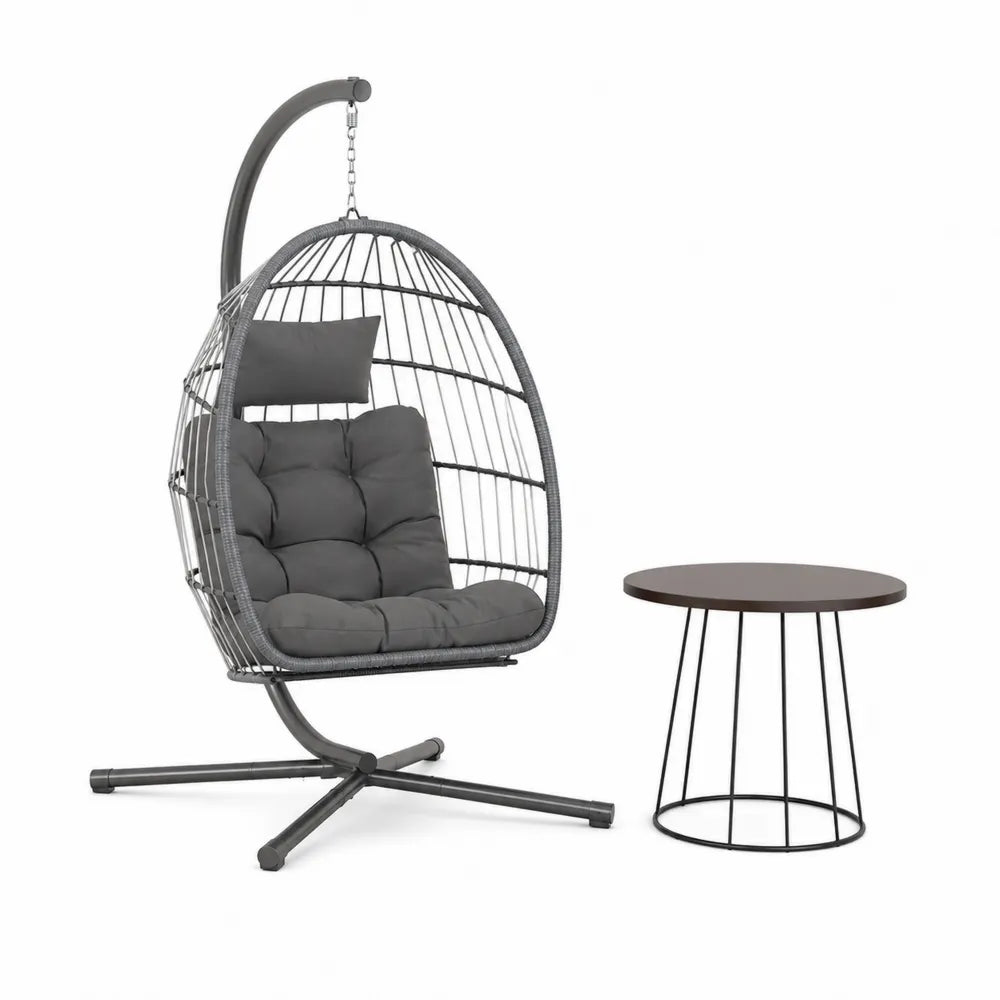 Hängesessel Set Stahl mit Tisch und Kissen Grau