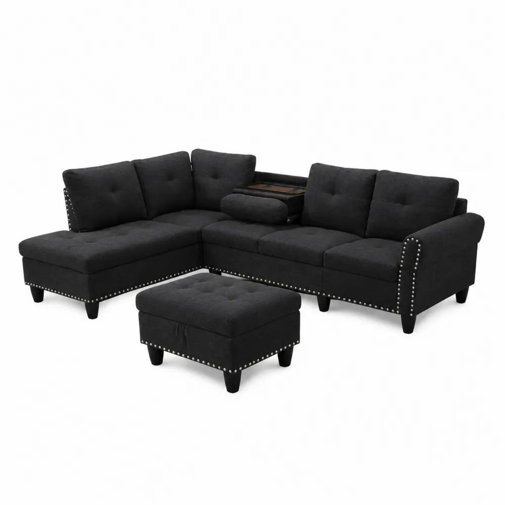 Ecksofa-Set mit Hocker Dunkelgrau Holzrahmen Polyester