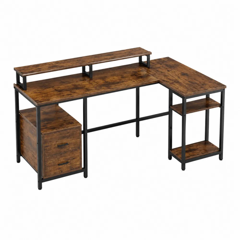 L-förmiger Schreibtisch MDF und Metall, Walnussbraun/Schwarz