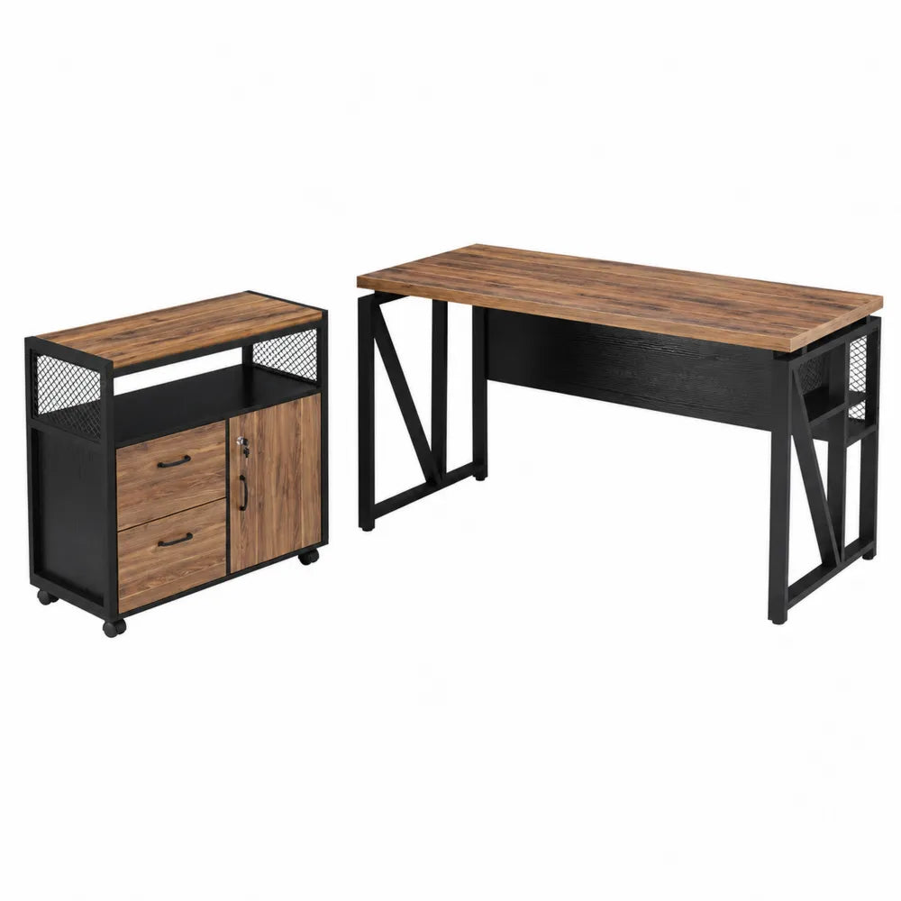 Holz-Metall Schreibtisch-Set mit Rollcontainer, 120x60x75 cm